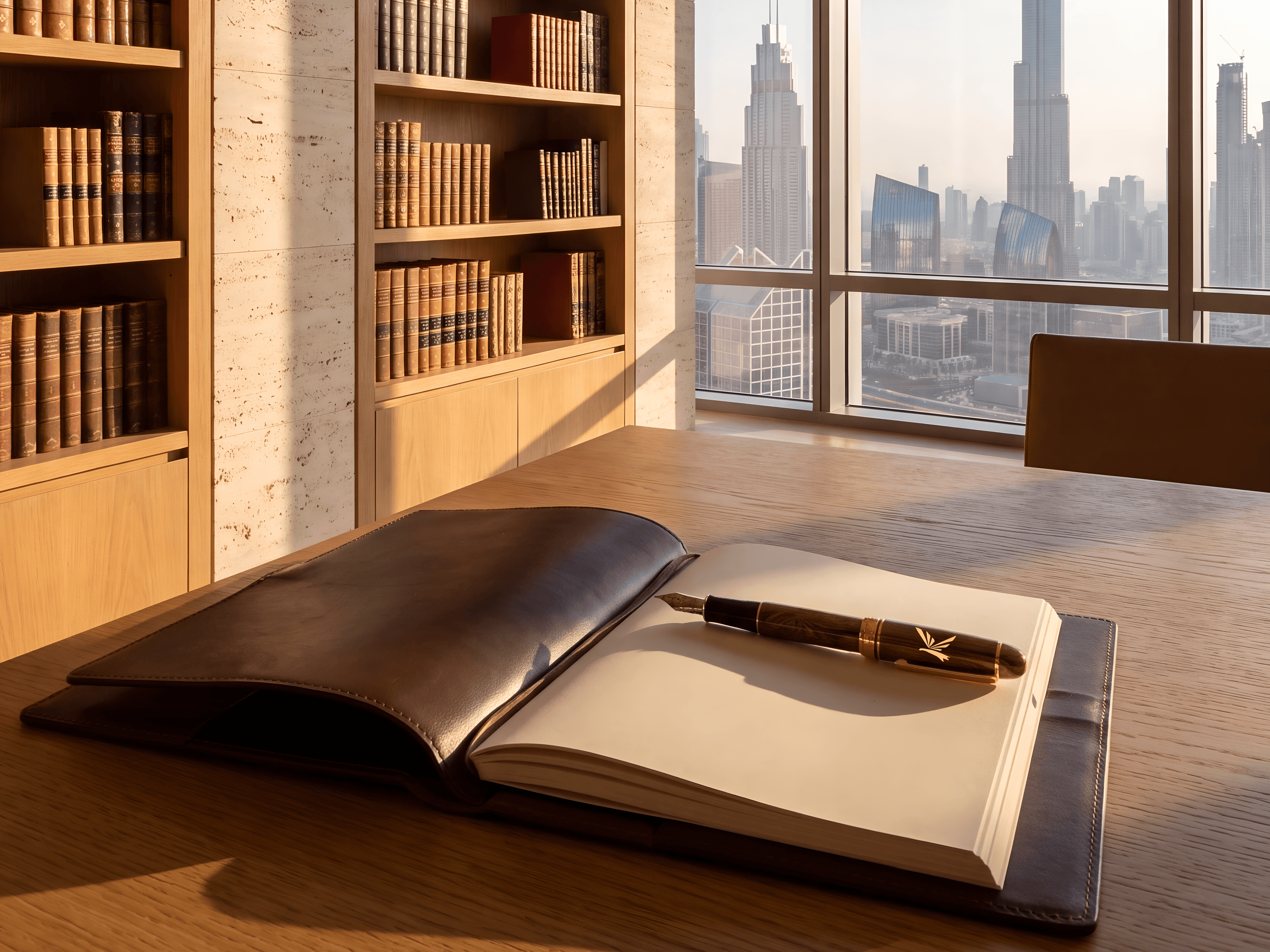 Executive office library with books and a view of Burj Khalifa