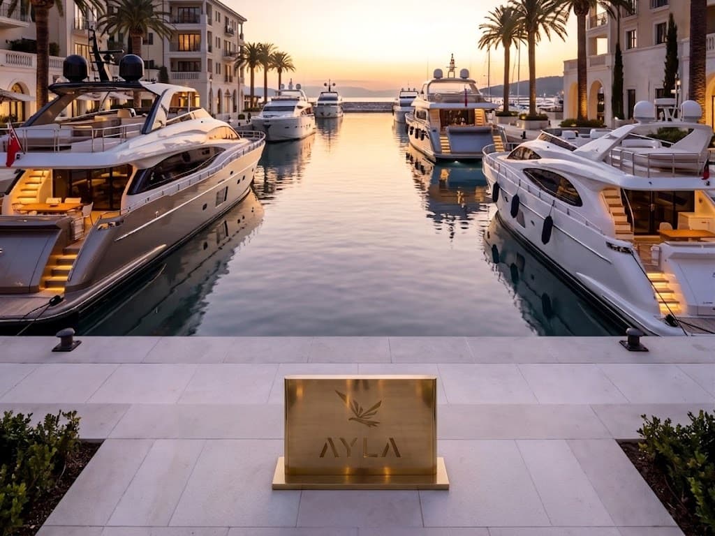 AYLA brass sign overlooking a luxury yacht marina at sunset
