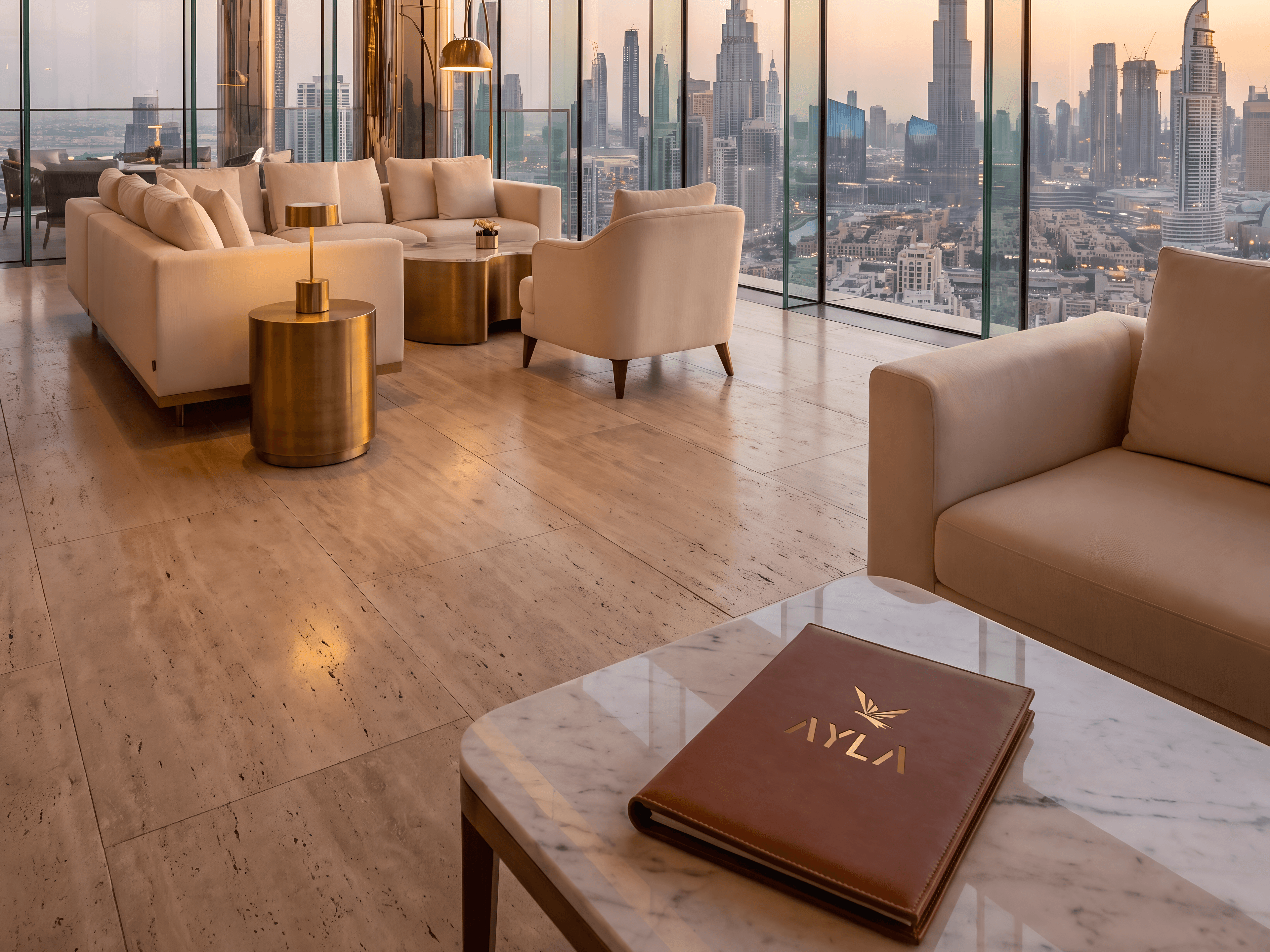 Luxury AYLA lounge with windows overlooking Dubai skyline