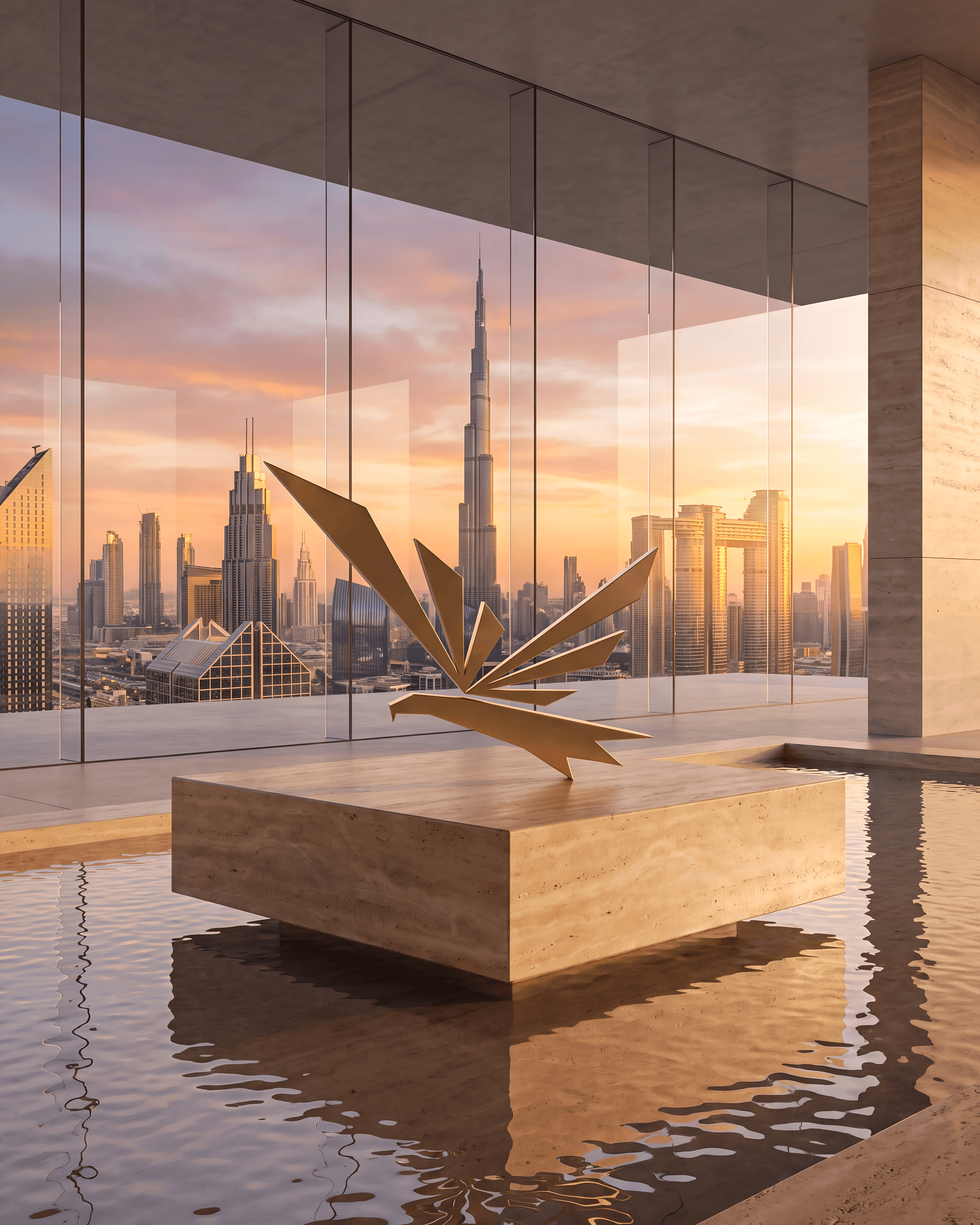 Golden AYLA sculpture overlooking Dubai skyline at sunset